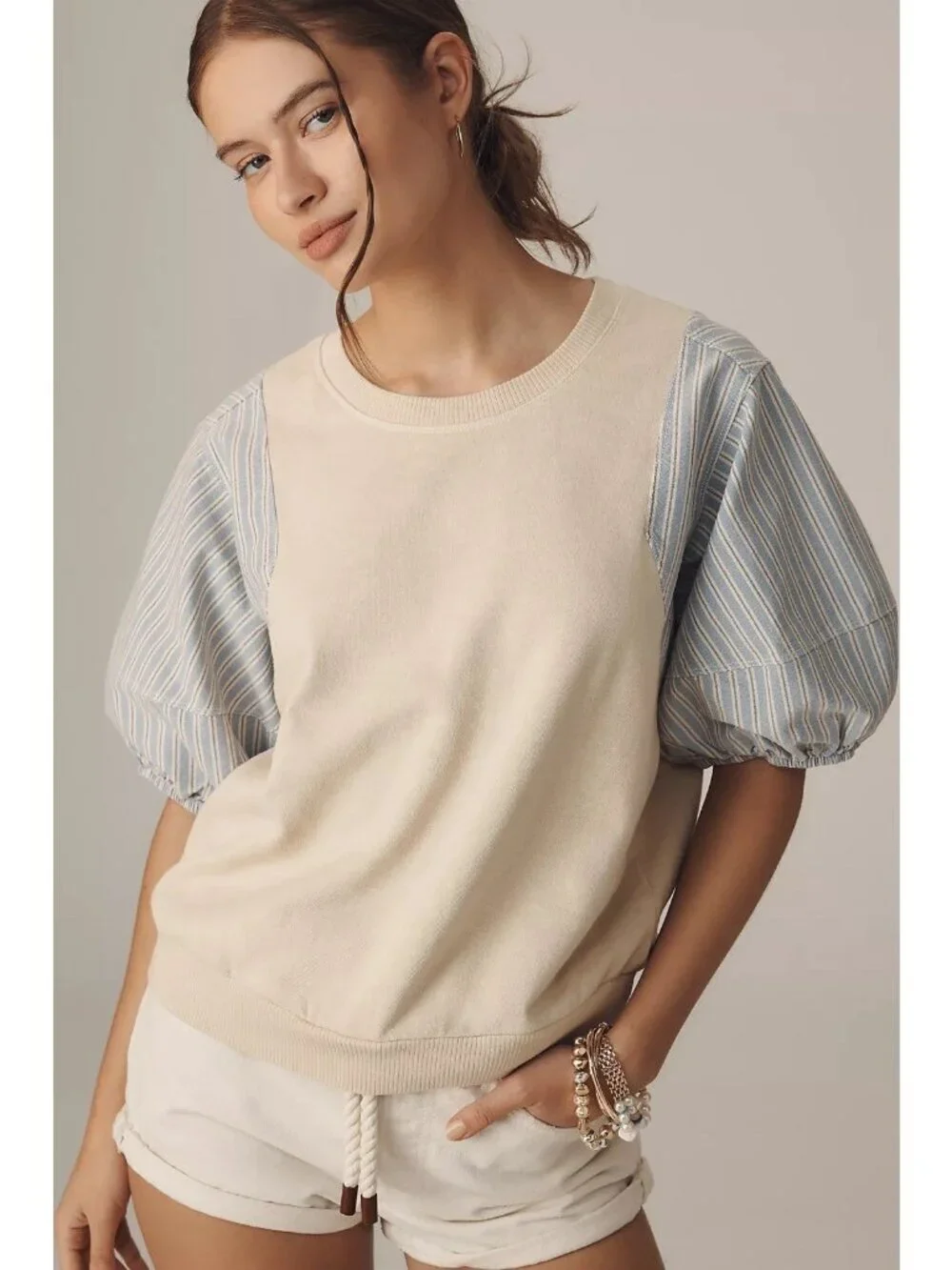 Anthropologie Pilcro Woven Stripe Puff Sleeve Cream Top Basics Coquette Coastal